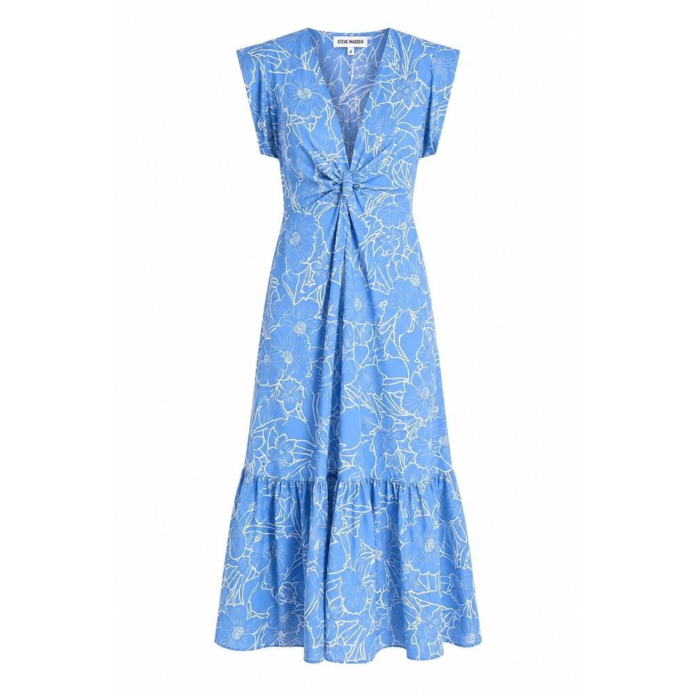 NWT Steve Madden Amanda Midi Dress Blue White Floral Cotton‎ Tiered Cap Sleeve L